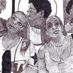 An ink drawing on white paper shows two Black women gazing at art in an art museum. In back of them are portraits of three Black women, and them two women are gazing intently at what they see, very engaged and dreaming.