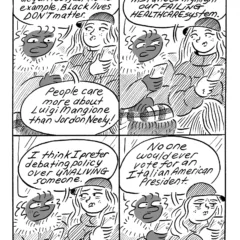 A 4-panel, black-and-white comic titled 3:00 (3 o’clock in the afternoon - play time), shows a Black woman and a white woman looking at their phones and talking while sitting on what might be a bus or subway car.