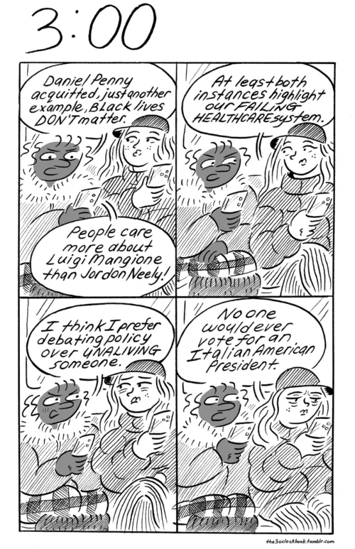 A 4-panel, black-and-white comic titled 3:00 (3 o’clock in the afternoon - play time), shows a Black woman and a white woman looking at their phones and talking while sitting on what might be a bus or subway car.