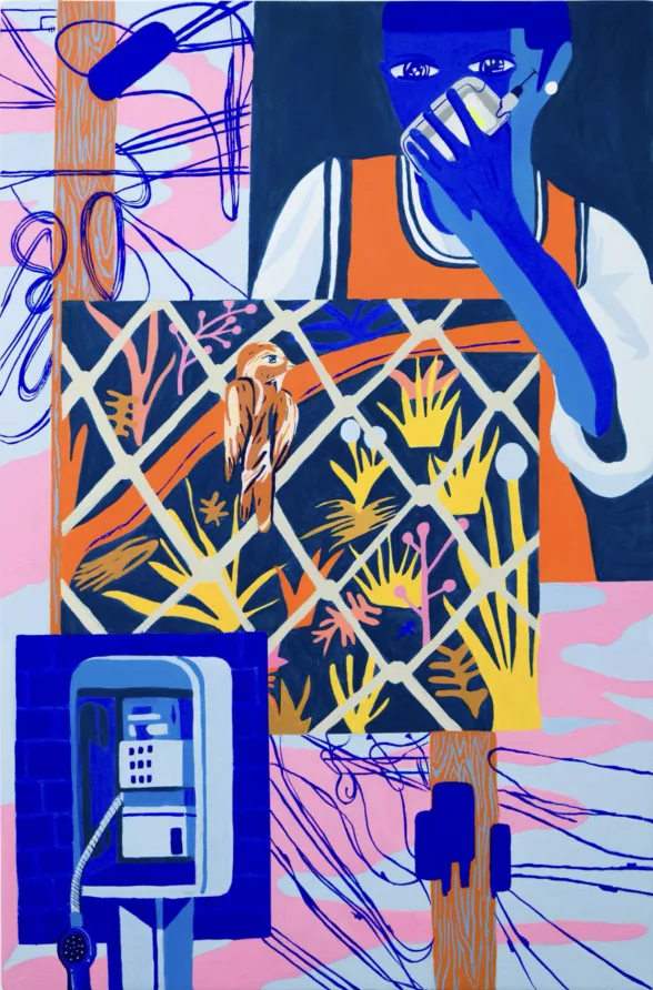 In the lower left of this painting we see a phone booth. In the upper right a man holds a cell phone. Upper left and lower right are telephone poles with tangled wires. In the middle a bird sits on a metal fence.