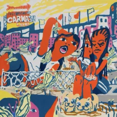 The painting is a riotous and comical city scene executed in a cartoon-like style. Two women, one sitting with a baby, and one resting on her side are set in the center with a line of buildings in the back.