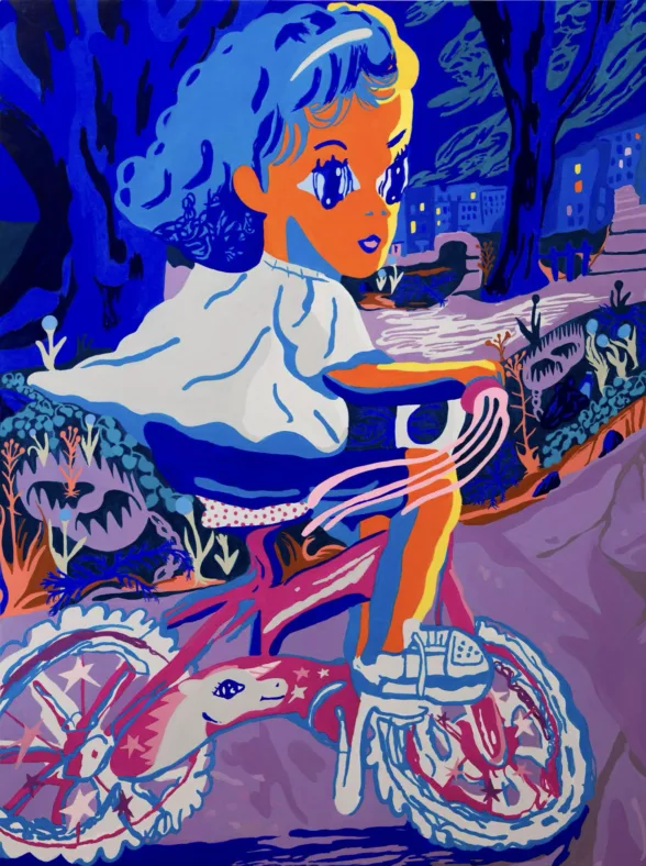 This cartoon-like painting shows a little girl on a painted bicycle. It’s night, and she rides past dark trees set against the night sky and a flower bed.