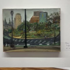 A painting shows an urban scene, Logan Square in Philadelphia, with tall residential buildings in the background and the center filled with a lush green space and a fountain, all surrounded by a roadway with one lone scooter driver going around the green circle.