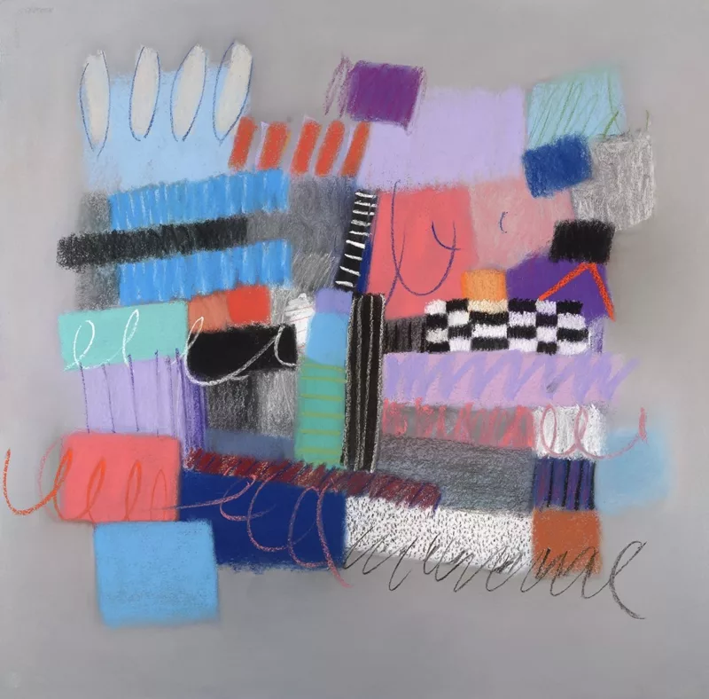 A colorful pastel art work made of blocks of color, in shades from peach to black and blue and textures smooth and rough, everywhere a restless scribble goes over and under the blocks, and everything floats on a gray background.