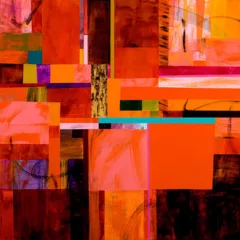 An abstract painting in searing reds, oranges, and deep blacks and yellows covers the field edge to edge with blocks of color pushing against each other, a bright aqua strip cuts amicably through the orange universe, and harmony is achieved.