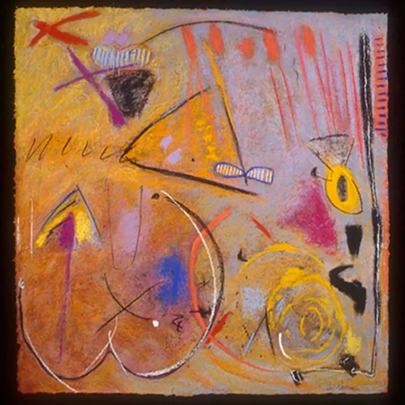 An abstract work in many shades of yellow and yellow-orange shows symbols like a triangle, a circle, a spiral, several “x”s drawn in as linear objects in a flat field that seems filled with energy, enhanced by the marks which are confident and pleasing.