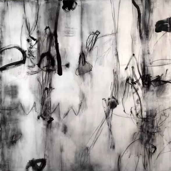 A scroll-like abstract black and white painting with a pale whitish background populated by what look like calligraphic marks and shapes which seem to cascade downward in columns.