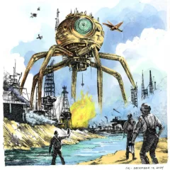 A futuristic illustration of oil rigs near a river, with workers in the foreground looking up at a monstrous golden spider-like machine that towers over the landscape and seems to have oil rigs on its head, while in the background is smoke billowing and planes that look like dragonflies hovering around it, while a fire underneath the monster rages.