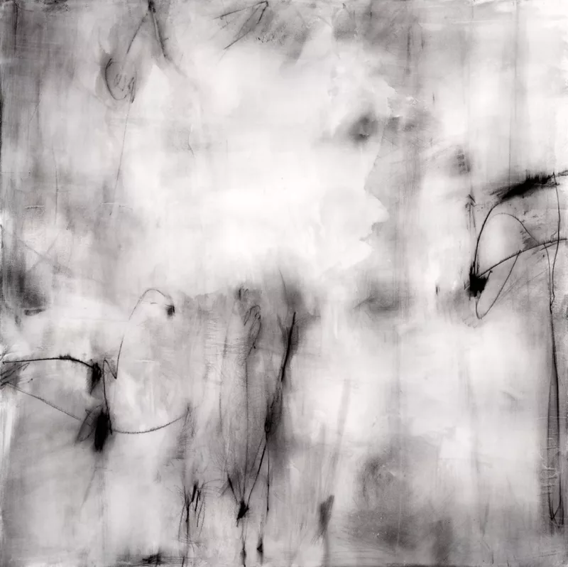 An abstract black and white painting seems to hover like a scrim over something underneath that cannot be made out clearly, with gestural marks and dark black markings that appear on the surface as well as in the beyond space.