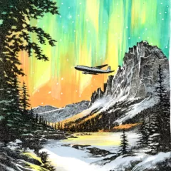 A colorful scene of snow in craggy mountains and a valley, with a jet plane flying through and in the background, the orange yellow and blue-green shimmering of the aurora borealis (northern lights) while the forest at the bottom of the mountains seems to be burning with bright orange flames consuming trees echoing the sky.