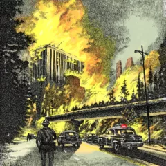 An image generated by AI but then enhanced and embroidered on by human hand shows a cataclysmic fire of a tall organ building surrounded by trees that are likewise in flames.