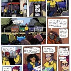 A colorful comic in ten panels titled “Socialist Grocery” at the top depicts the aftermath of a power outage at the store on the coldest day of the year, with employees told to gather outside in the parking lot while they waited for the electric company to fix the problem.