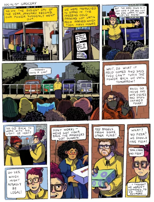 A colorful comic in ten panels titled “Socialist Grocery” at the top depicts the aftermath of a power outage at the store on the coldest day of the year, with employees told to gather outside in the parking lot while they waited for the electric company to fix the problem.