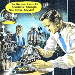 A drawing shows two scientists in shirts and ties working with lab equipment, under a yellow-tinted lights, which colors their faces yellow. One scientist is talking.