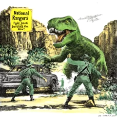 A comical illustration shows two National Park Rangers trying to do battle with a rampaging Tyrannosaurus rex somewhere in the west with two buttes in the background and ghostly fighter planes that almost look like sharks in the white sky, with text at the top in a yellow box saying “National Rangers Fight Back layoffs Defend the Now?”